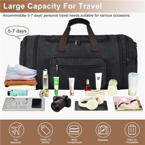 Mens duffle bag large 60L canvas travel gym carry on weekender overnight bag - Picture 4 of 7